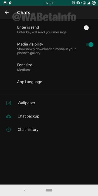 This is the dark WhatsApp theme for Android in the latest beta version of the app